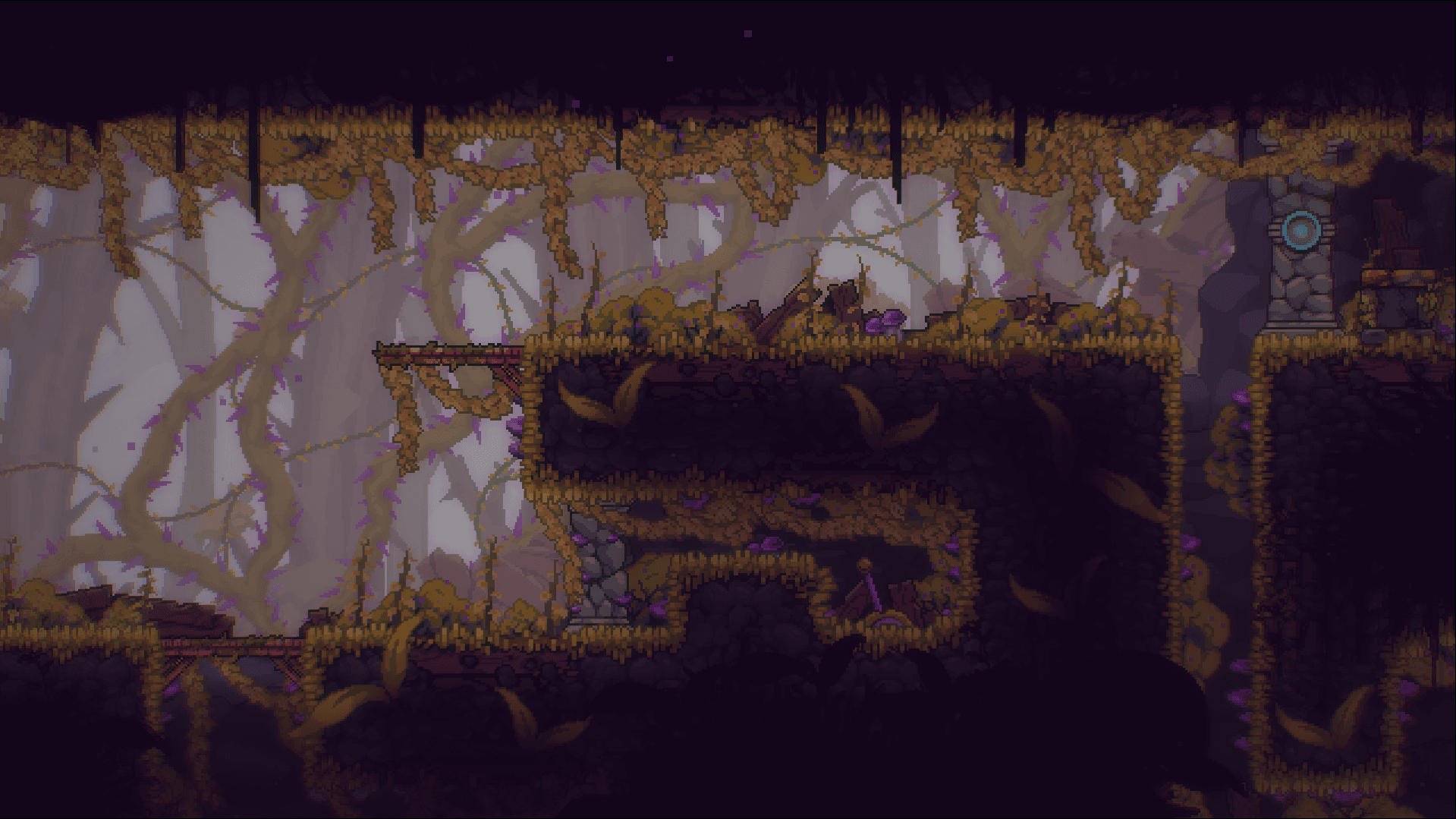 A yellow forest environment with purple mushrooms strewn about.