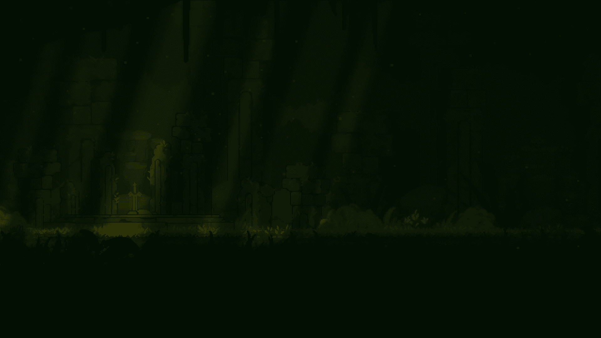A dark looking cave with a purple sword wedged into a pedestal illuminated by light rays coming from the ceiling.