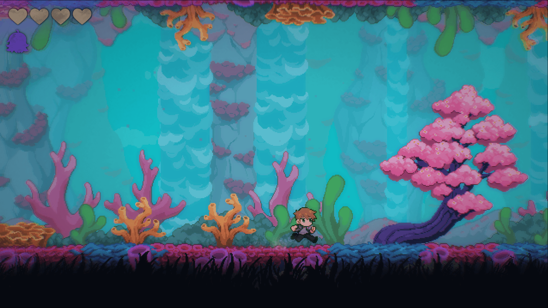 A bright and colorful ocean-themed environment with pink and orange coral. A young man is seen running past a tree with pink leaves.
