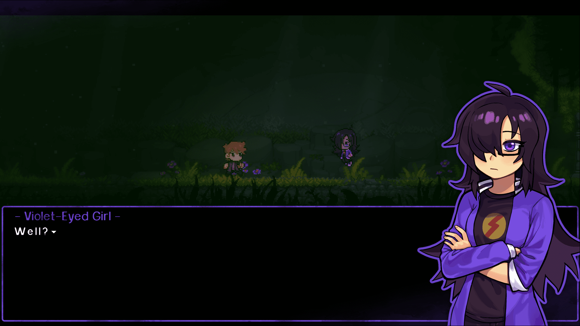 A young man and a young woman in a cave speaking to each other. A text box is on screen displaying a line of dialogue. The young woman, called "Violet-Eyed Girl", is saying "Well?". She has long dark hair covering one eye and her other visible eye is violet purple.