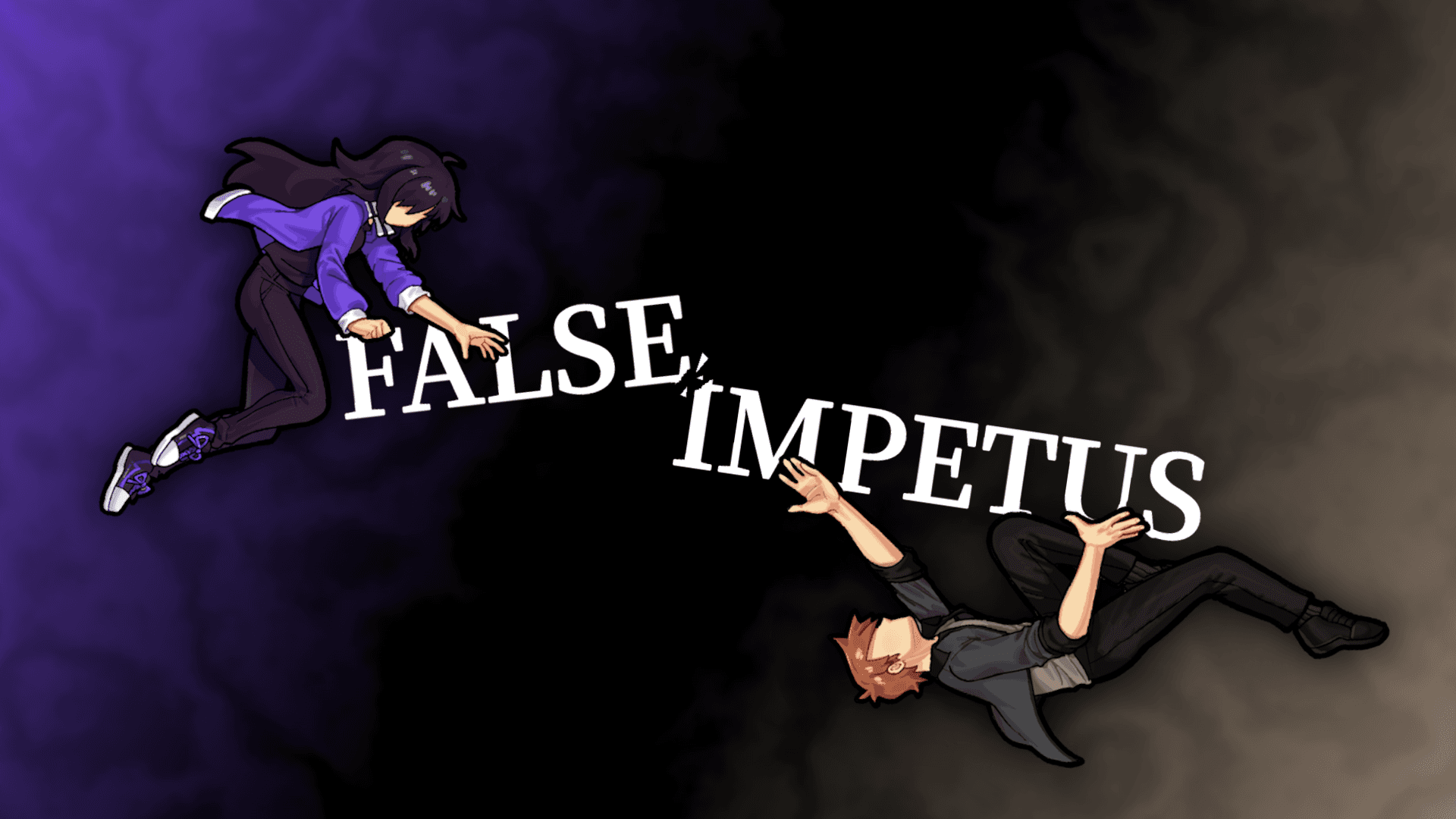 The logo for the game False Impetus. It features two words, False and Impetus, which have split down the middle and appear to be drifting away from each other. The game's two main characters are clinging to each word respectively, with the young man depicted upside down on the right and the young woman depicted right-side up on the left.